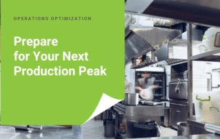 Busy commercial kitchen with a cook in motion, pots on the stove and stacked food containers. Text: "Prepare for Your Next Production Peak"
